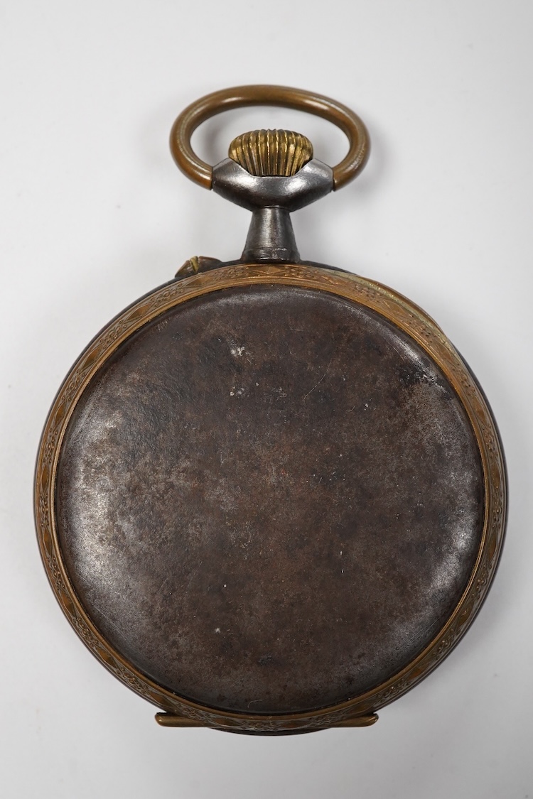 Two Waltham base metal keyless pocket watches including a dress pocket watch with Arabic dial and subsidiary seconds, together with a gold plated open faced keyless pocket watch and a base and gun metal 'Regulateur' open